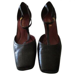Ralph Lauren Black Leather T-Strap Heels Logo Buckles